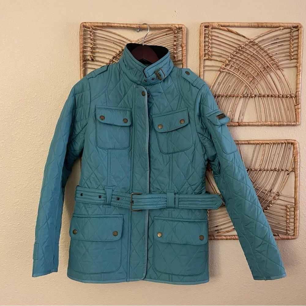 Barbour International Tourer Polarquilt‎ Jacket Blue Belted Biker Women Sz 8 B28